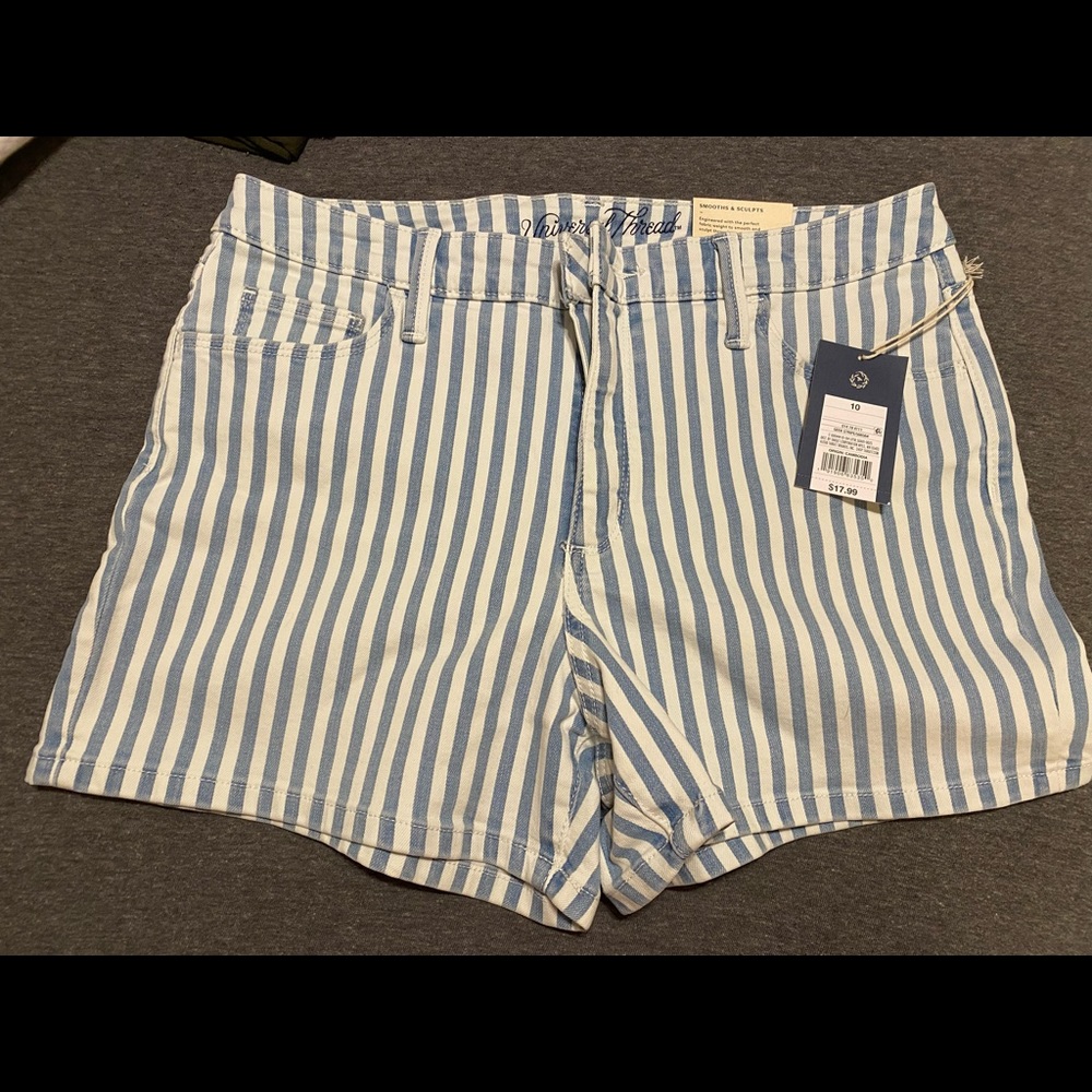Blue and white striped jean shorts